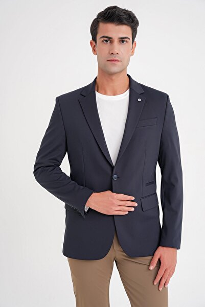 Efor Comfort Fit Double Slit Spandex Blend Stretch Cotton Navy Blue Jacket C 727