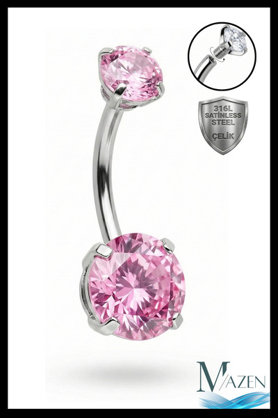 MAZEN Cerahhi Çelik Göbek Piercing Yuvarlak Pembe Zirkon Taşlı Antialerjik