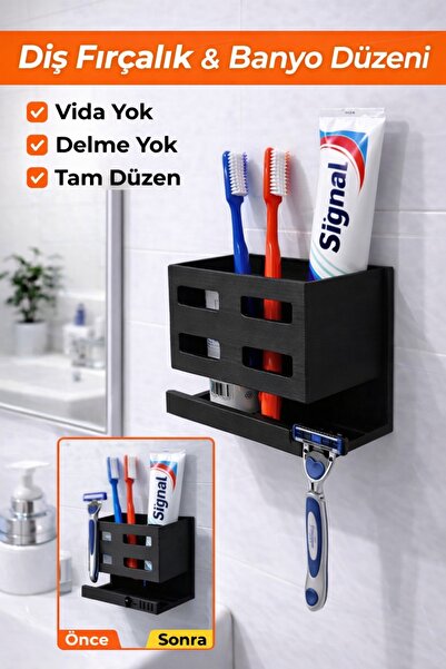 AA AHŞAP Deliksiz Banyo Rafı Duvara Monte Yapışkanlı Diş Fırçalık ve Jilet Or...