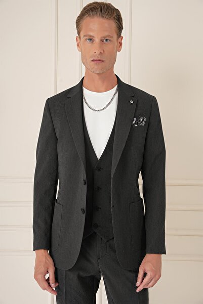 Efor Comfort Fit Gofre Kumaş Pamuk Yelekli Casual Siyah Ceket C 678