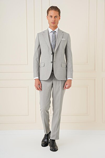 Efor Slim Fit Çift Yırtmaç Kırçıllı Dokuma Gri Yelekli Takım Elbise TK 902