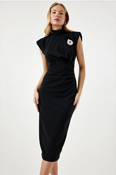 Moda Palmiss Rochie de seară neagră pentru femei, cu pernițe pentru umeri bro...