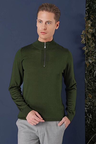 Efor Slim Fit Ribanalı Fermuarlı Yarım Balıkçı Yünlü Nefti Triko Kazak TR 861