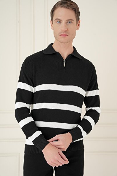 Efor Slim Fit Çizgili Fermuarlı Polo Yaka Siyah Triko Kazak TR 877