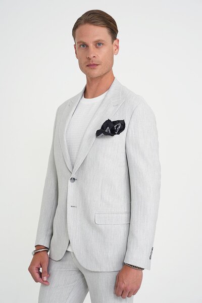 Efor Slim Fit Kırlangıç Yaka Balıksırtı Desen Açık Gri Ceket C 702