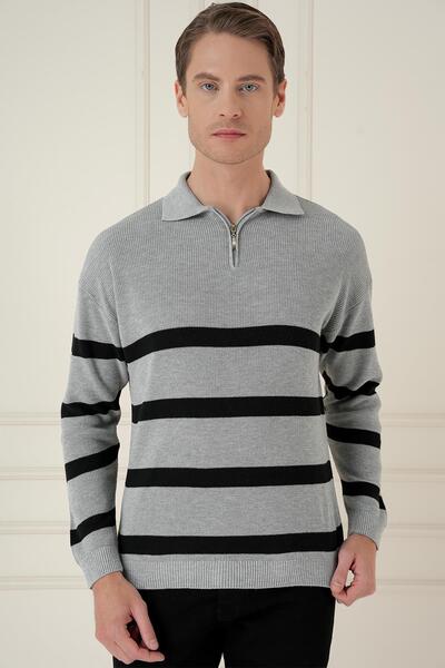 Efor Slim Fit Çizgili Fermuarlı Polo Yaka Gri Triko Kazak TR 877