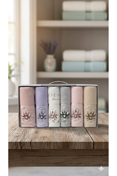 Fiesta Tekstil مجموعة من 6 مناشف لالين مطرزة يدويًا