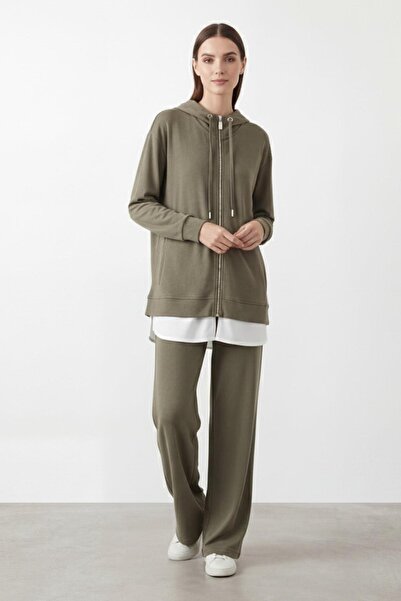 Puane Women's Hooded Zippered Tunic Trousers Set-14427 - Khaki