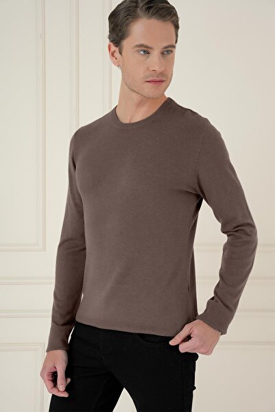 Efor Men's Slim Fit Ribbed Mink Brown Wool Crew Neck Knitwear Sweater Tr 875