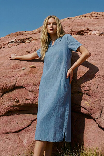 Bluewhite Rochie de damă cu mâneci scurte bumbac 100% din denim subțire