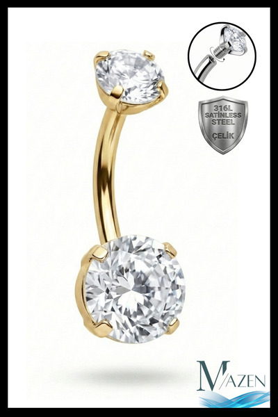 MAZEN Cerahhi Çelik Göbek Piercing Yuvarlak Zirkon Taşlı Gold Bar Antialerjik