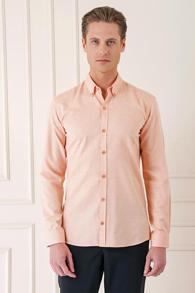 Efor Slim Fit Düğmeli Yaka Dokulu %100 Pamuk Klasik Somon Gömlek Gk 724