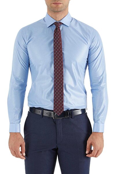 Efor Men's Slim Fit Cotton Satin Classic Blue Shirt with Double Cuffs Gk 235