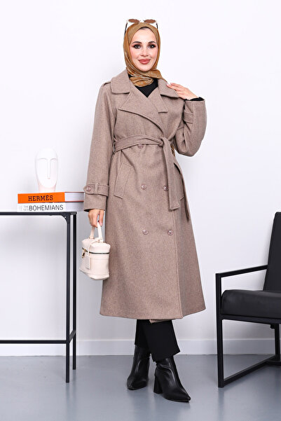 İmajButik معطف كاشي بياقة وحزام من فرو المنك بأزرار على الجهتين