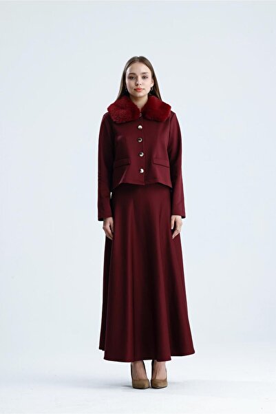 Molly Nelly Γυναικείο Σετ με Γούνινο Γιακά και Λεπτομερή Φούστα Σκούμπα