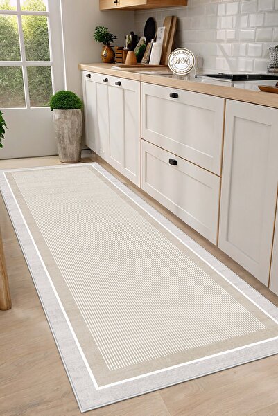 West Home Makinede Yıkanabilir Kaymaz Taban Leke Tutmaz Bej Çizgili Salon Halısı Mutfak Halısı ve Yolluk