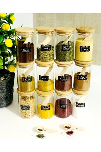 Kitchen Pembelia 12'li Etiketli,kaşıklı 250 Ml Bambu Kapaklı Cam Baharatlık -...