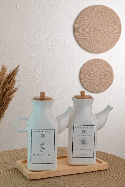Kitchen Pembelia 2 Adet 1lt Kare Porselen Yağdanlık Ve Bambu Altlık Set Yağlı...