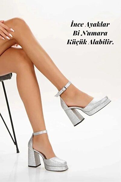 Blackroses Pantofi de seară cu toc cu platformă cu sclipici argintiu