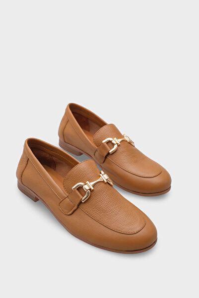 Capone Outfitters Kadın Gold Tokalı Hakiki Deri Taba Loafer