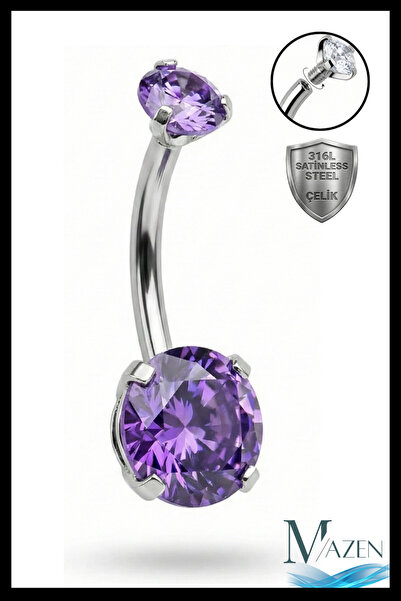 MAZEN Cerahhi Çelik Göbek Piercing Yuvarlak Mor Zirkon Taşlı Antialerjik