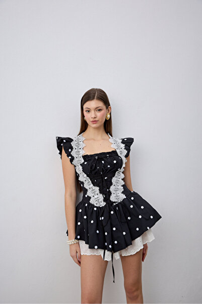 laulei فستان لينا قصير مطرز بنقاط البولكا