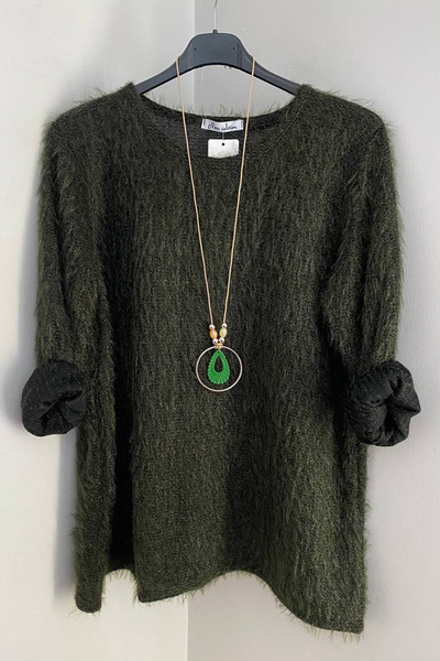 AYASOFYA OTANTIK Women's Italian Khaki Round Neck Casual Bearded Knitwear Blo...