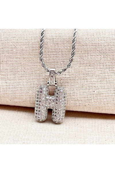 Siya Silver Zirkon Taşlı Burgu Zincirli Tombul Harfli Balon Kolye-gümüş Renk