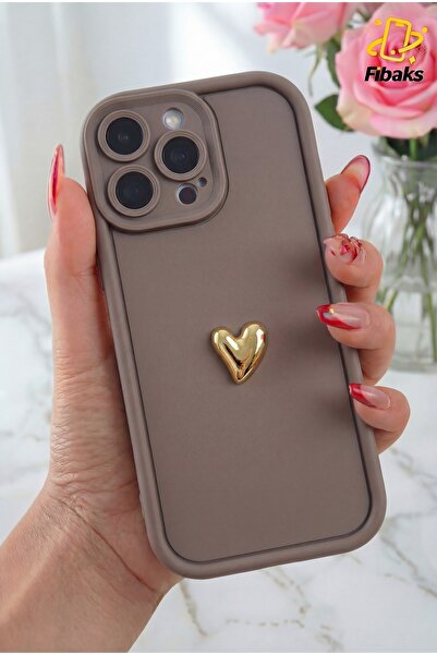 Fibaks iPhone 16 Pro Max Kılıf 3D Kalp Tasarımlı Kahverengi Desenli Yumuşak K...