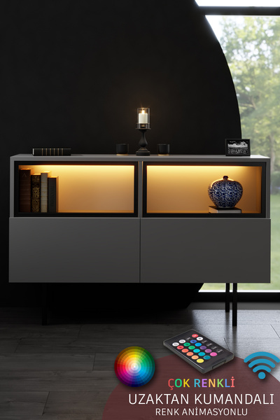 Modatte EKOL KONSOL LED IŞIKLI DEMİR AYAKLI ÇOK AMAÇLI DOLAPLI ANTRASİT TV SE...