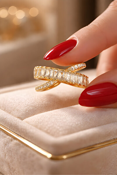 mos&more Gold Baget Taşlı Çapraz Yüzük, Ayarlanabilir