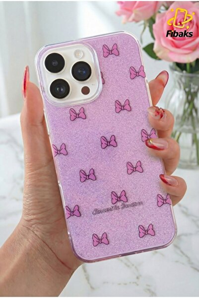 Fibaks Apple iPhone 16 Pro Max Uyumlu Kılıf Mor Simli Fiyonk Desenli Renkli P...