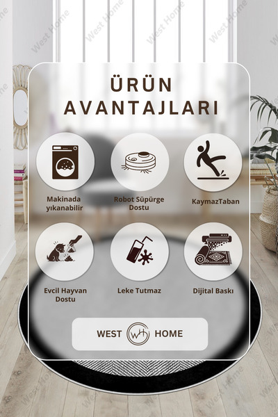 West Home Dijital Baskı Yıkanabilir Kaymaz Taban Salon Halısı Mutfak Halısı Koridor Halısı