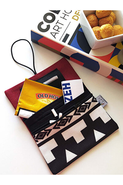 Kirpiwork Bordo Desenli Minimal Kanvas Tütün Çantası 16x10cm Hediye Tütün Kes...