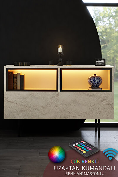 Modatte EKOL KONSOL LED IŞIKLI DEMİR AYAKLI ÇOK AMAÇLI DOLAPLI TRAVERTEN TV S...