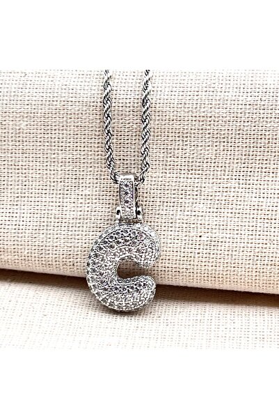 Siya Silver Zirkon Taşlı Burgu Zincirli Tombul Harfli Balon Kolye-gümüş Renk