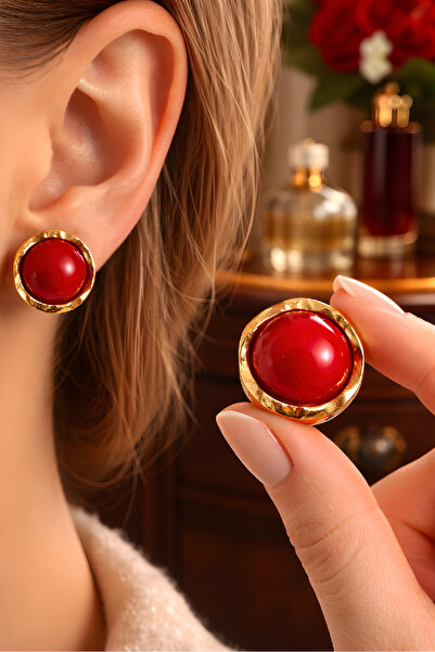 mosmoda Gold Kırmızı İnci Küpe