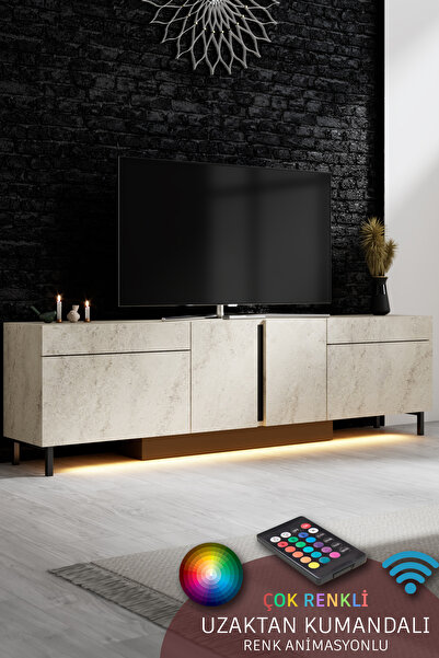Modatte PARİS TV ÜNİTESİ LED IŞIKLI METAL AYAKLI MODERN TRAVERTEN TV SEHPASI