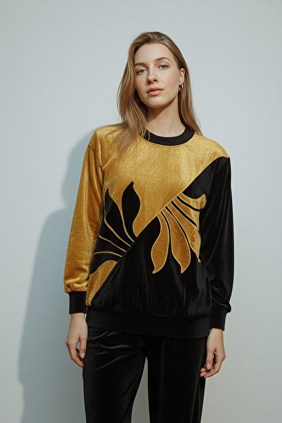 GÖKŞİN MODA Çeyizlik Işlemeli Hardal Siyah Kadife Eşofman Takımı