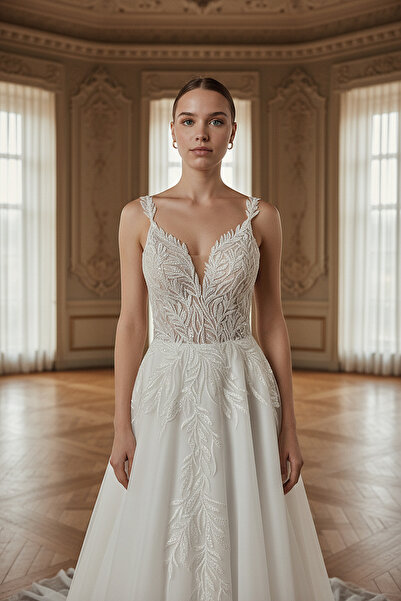 GÖKŞİN MODA A-Line Beaded Lace up Back Helen Wedding Dress