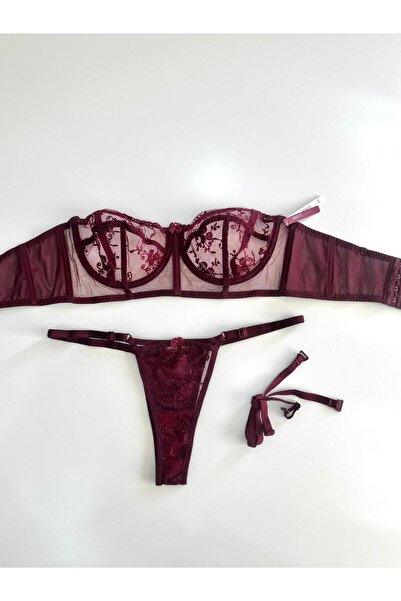 THE SECRET KİSS Kadın Seksi Bordo Korseli İççamaşır Takım