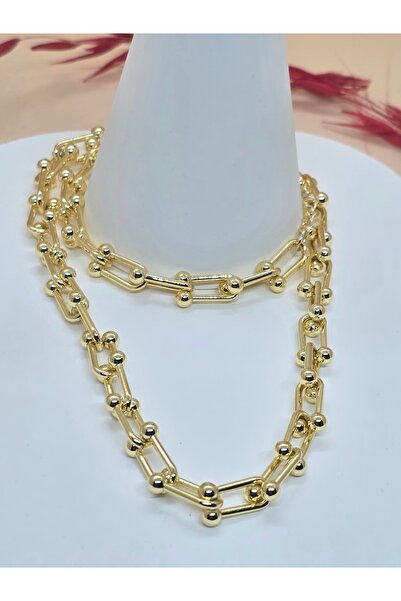 Veyla Style Gold Color Brass Plated Necklace with Chain Detail