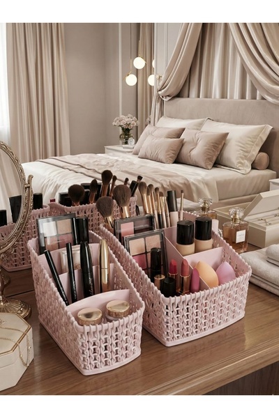 HomeBasics منظم مكياج مكون من قطعتين، منظم مكتب للعمل، متعدد الأغراض، مصنوع م...