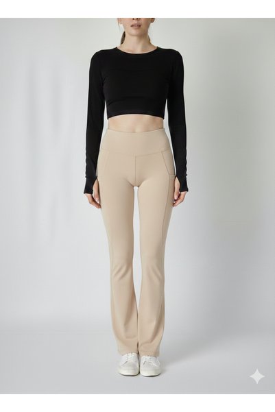 jeneric Women's Brown High Waist Shaping / Sculpting Double Pocket Flared Leggings