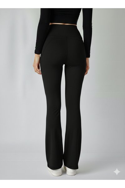 jeneric Women's Black High-Waisted Shaping Double-Pocket Flared Leggings