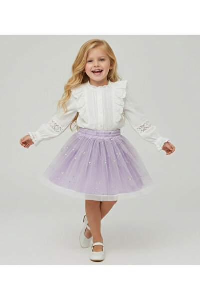 By Piera Сребърна тюл пола с флорален принт