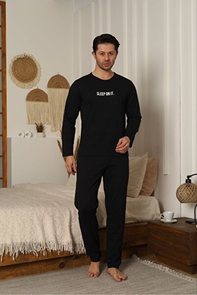 PİJART Set de pijamale cu mânecă lungă din bumbac pentru bărbați, negru, cu p...