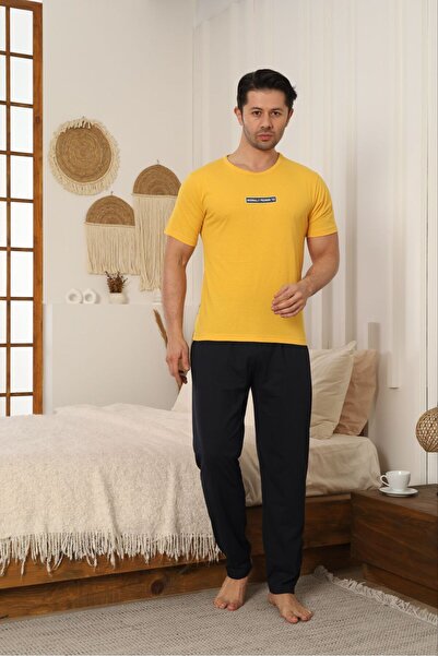 PİJART Σετ ανδρικής πιτζάμα με κοντό μανίκι σε μπλε-κίτρινο χρώμα