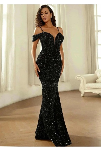 SELİN MODA EVİ Trend Band Sleeve Velvet Fish Dress Black 583198