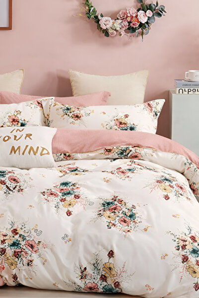 İQON طقم غطاء لحاف مع ملاءة مطاطية لسرير فردي، تصميم باقة السلمون